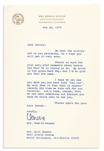 REAGAN, RONALD; AND NANCY. Two Typed Letters, each Signed by one, to Dorothy Lamour, on personal topics.